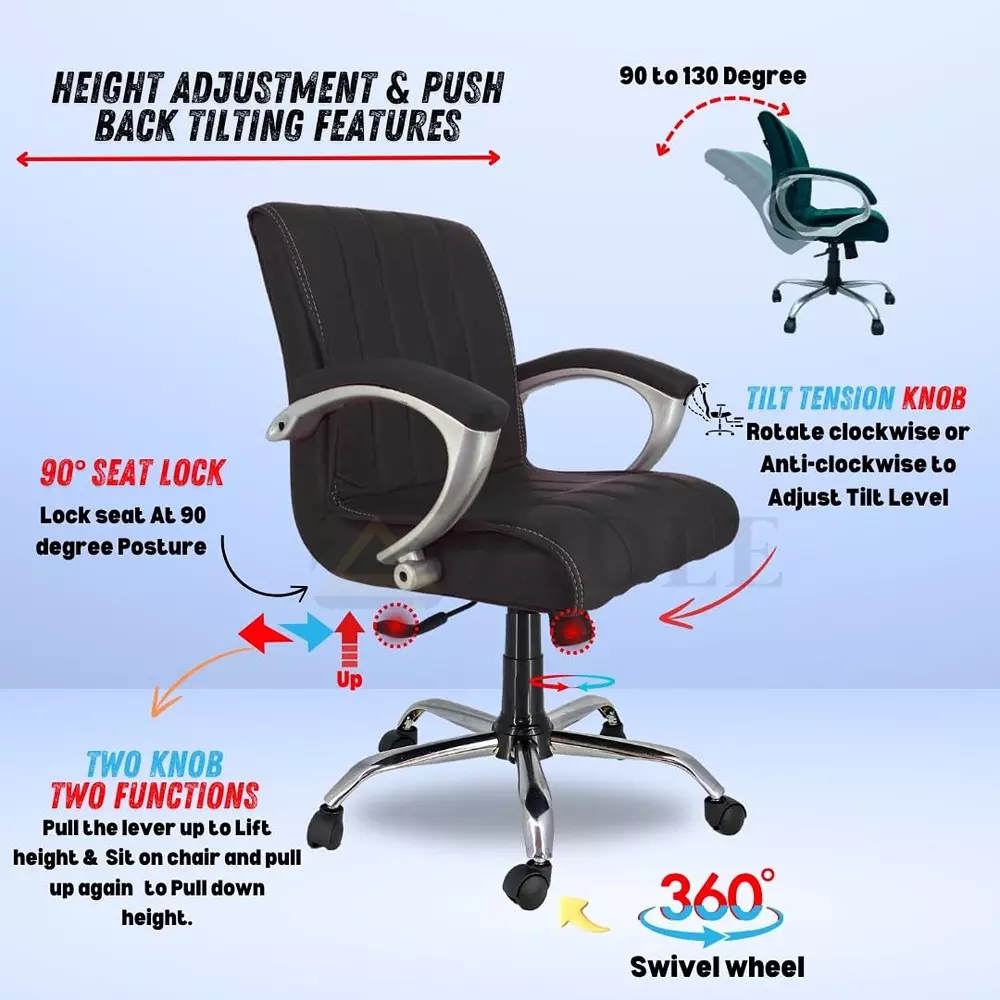 Zidle Study Revolving Swivel Chair with PP Fibre Armrest Faux Leatherette Solid Back Black Tilting Mechanism