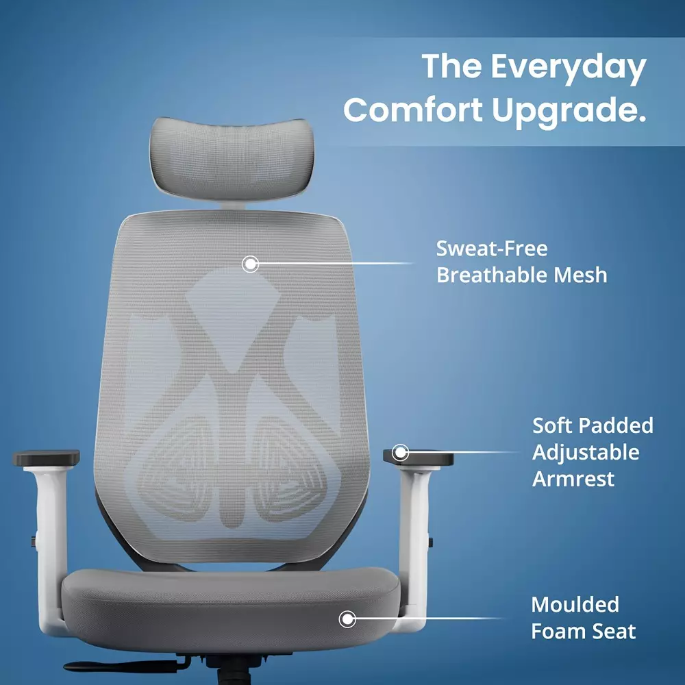 Vergo Office Chair Transform Classic HB High Back White Grey for WFH/Study/Computer Desk with 1D Armrests