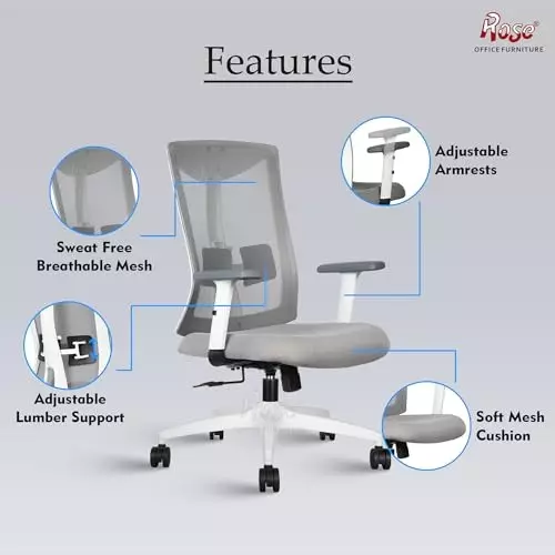 Rose Henley Ergonomic Office Chair Mid Back White & Grey India