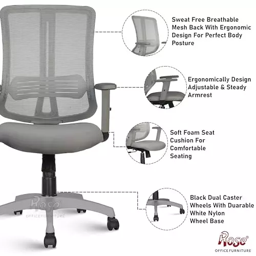 Rose Wave Ergonomic Office Chair Mid Back Grey India