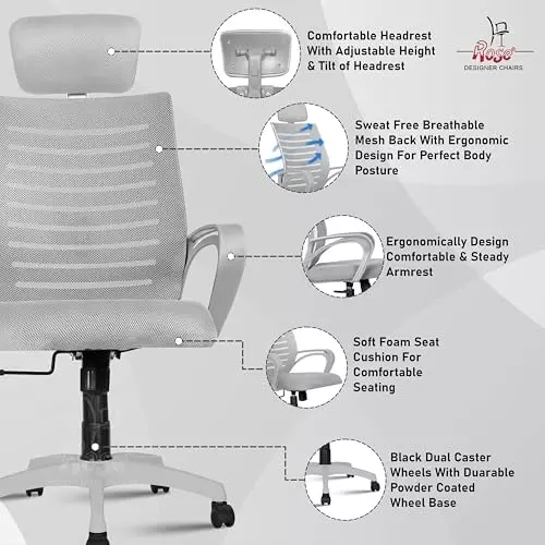 Rose Elite Ergonomic Office Chair High Back Grey India