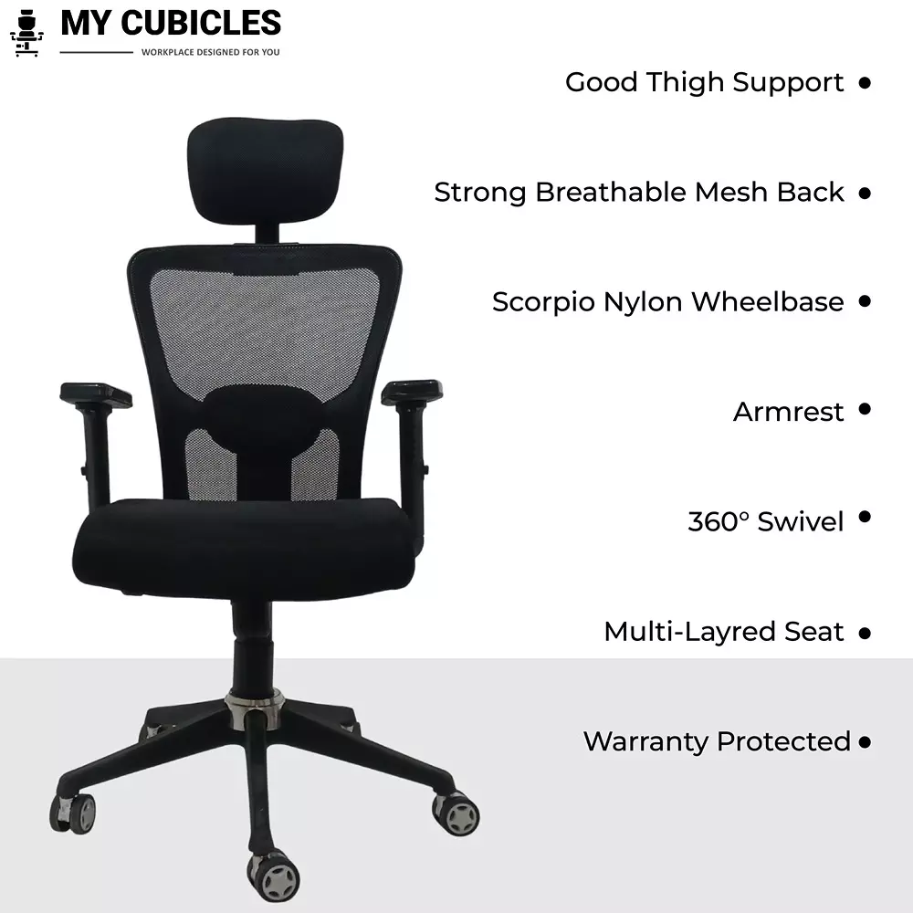 MY CUBICLES Majesty Ergonomic Executive Office Chair High Back Polyurethane Foam Weight Capacity Upto 115 Kg Black, MC0010