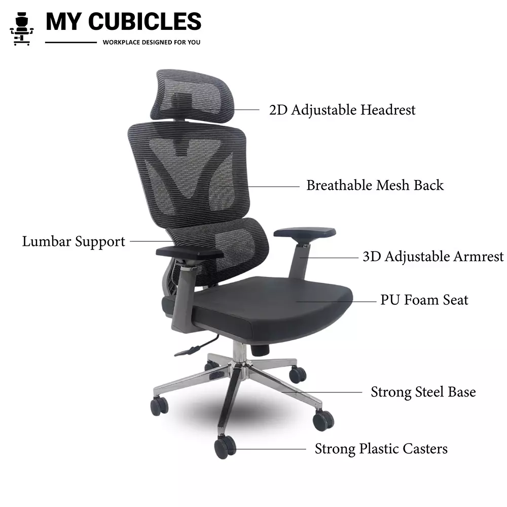 MY CUBICLES Ergo Gladiator Executive Office Chair High Back Polyurethane Foam Weight Capacity Upto 120 Kg Grey, MC0078