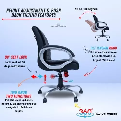 NEWTURN Maxon Revolving Mid Back Arm Rest Office Chair Metal Base Premium Leatherette Black Chrome Finish for Office, Home & School Use