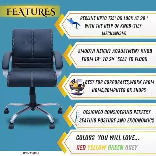 NEWTURN Maxon Revolving Mid Back Arm Rest Office Chair Metal Base Premium Leatherette Black Chrome Finish for Office, Home & School Use