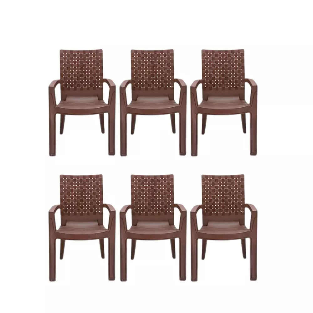 Maharaja Heavy Duty Plastic Chairs Up to 200 Kg Weight Capacity with Arm Rest, Brown (Pack of 6 Pcs)