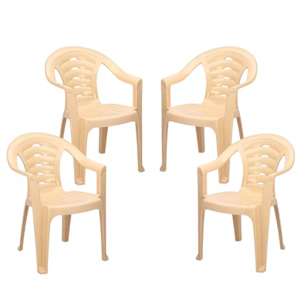 Maharaja Sunrise Plastic Chairs Comfortable Up to 200 Kg Weight Capacity with Arm Rest, Beige (Pack of 4 Pcs)