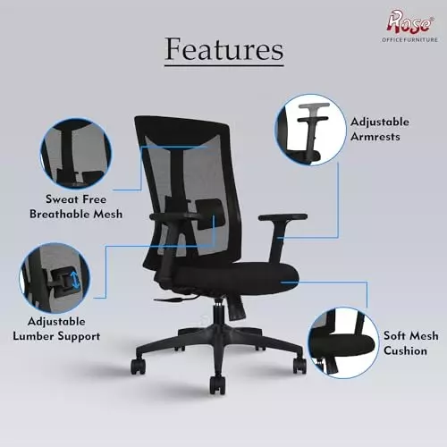 Rose Henley Ergonomic Office Chair Mid Back Black India
