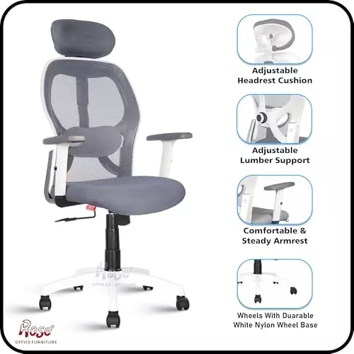 Rose Platinum Ergonomic Office Chair ‎High Back White & Grey India