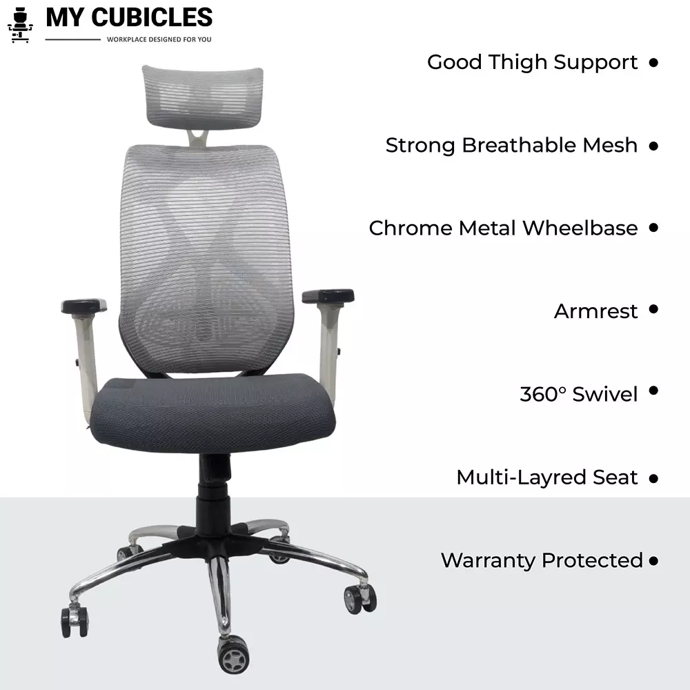 MY CUBICLES Lunar Fusion Executive Office Chair High Back Polyurethane Foam Weight Capacity Upto 125 Kg Grey, MC009