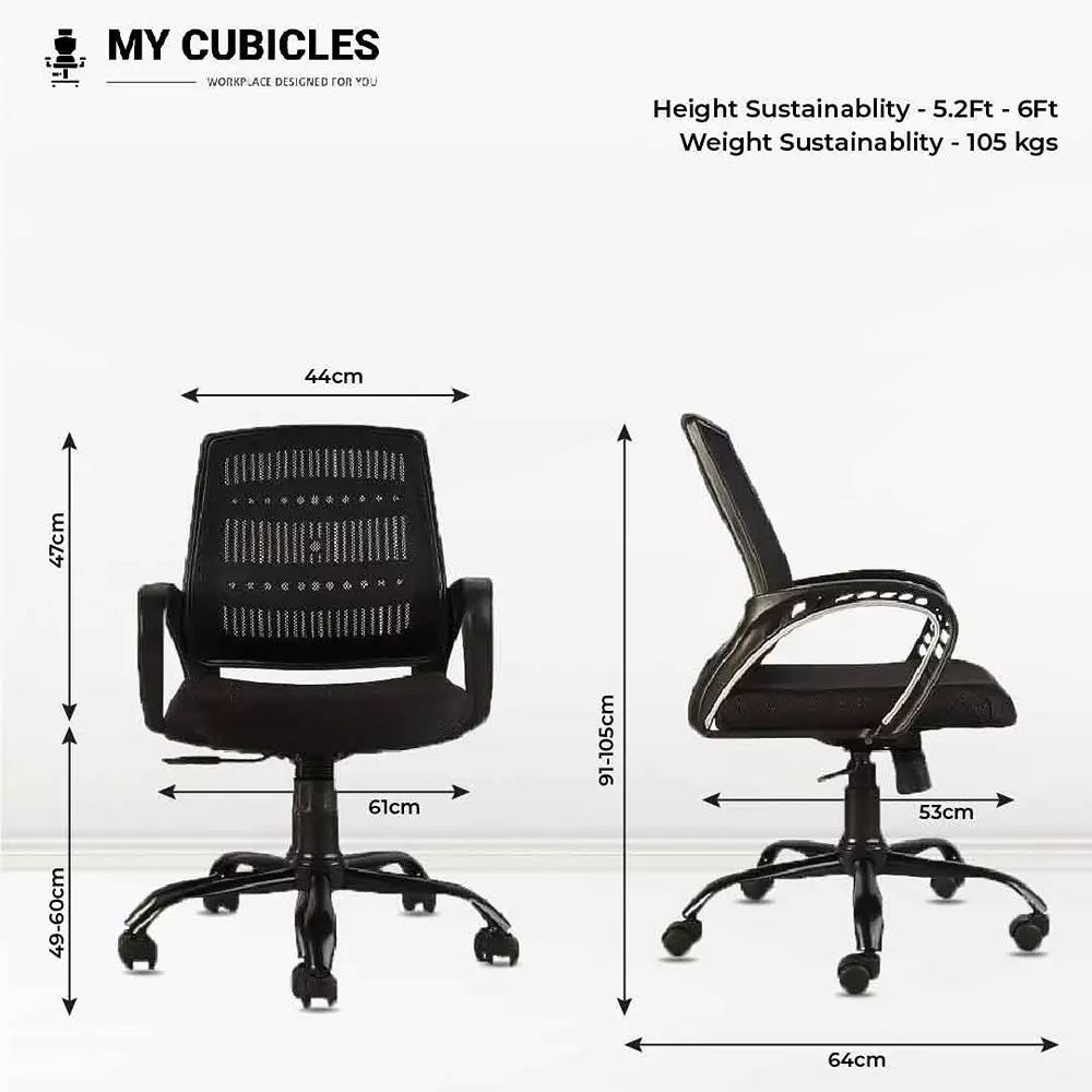 MY CUBICLES Elevate Executive Office and Study Chair Mid Back Polyurethane Foam Weight Capacity Upto 100 Kg Black, MC007