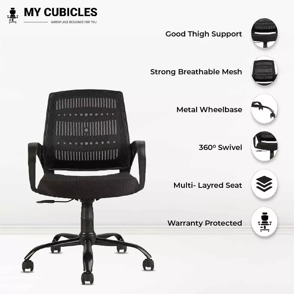MY CUBICLES Elevate Executive Office and Study Chair Mid Back Polyurethane Foam Weight Capacity Upto 100 Kg Black, MC007