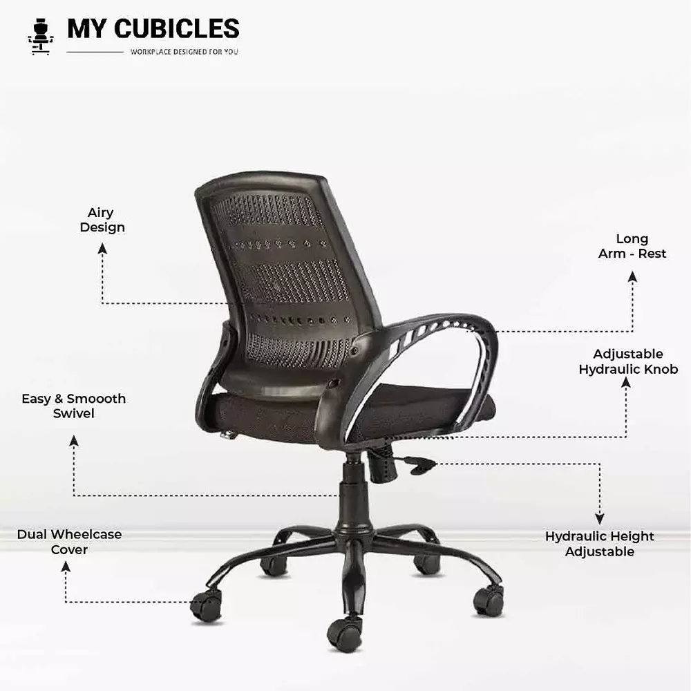 MY CUBICLES Elevate Executive Office and Study Chair Mid Back Polyurethane Foam Weight Capacity Upto 100 Kg Black, MC007