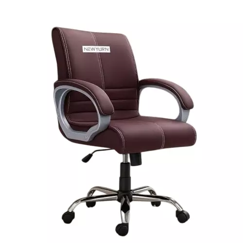 NEWTURN Maxon Revolving Mid Back Arm Rest Office Chair Metal Base Premium Leatherette Brown Chrome Finish for Office, Home & School Use