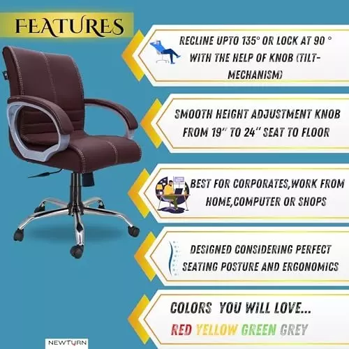 NEWTURN Maxon Revolving Mid Back Arm Rest Office Chair Metal Base Premium Leatherette Brown Chrome Finish for Office, Home & School Use