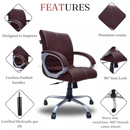 NEWTURN Maxon Revolving Mid Back Arm Rest Office Chair Metal Base Premium Leatherette Brown Chrome Finish for Office, Home & School Use