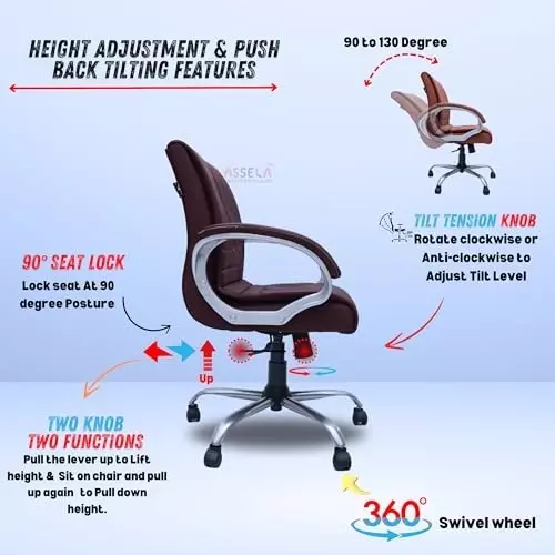 NEWTURN Maxon Revolving Mid Back Arm Rest Office Chair Metal Base Premium Leatherette Brown Chrome Finish for Office, Home & School Use