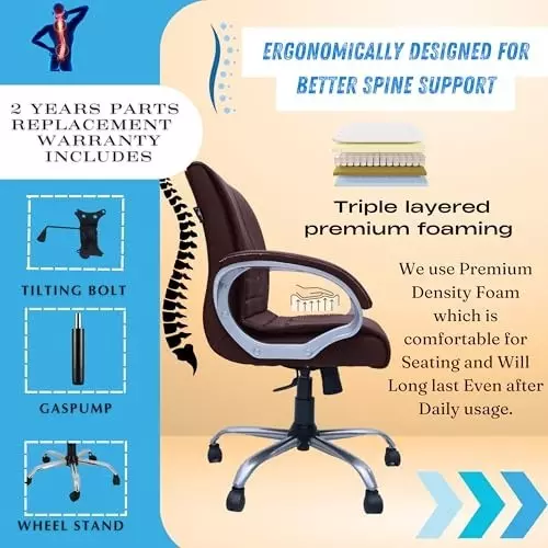 NEWTURN Maxon Revolving Mid Back Arm Rest Office Chair Metal Base Premium Leatherette Brown Chrome Finish for Office, Home & School Use