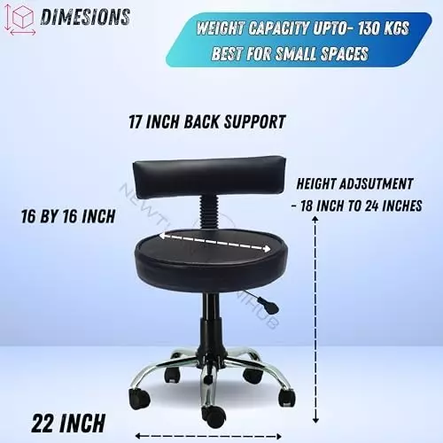 NEWTURN Ketto Revolving Mid Back Swivel Stool Chair Armless Metal Base Synthetic Leather Black Chrome Finish for Office, Home & School Use