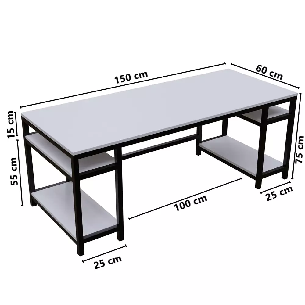 Riyan Luxiwood Edward Computer Table with Storage Shelves White Large 60 x 150 x 75 cm, RLST012LC