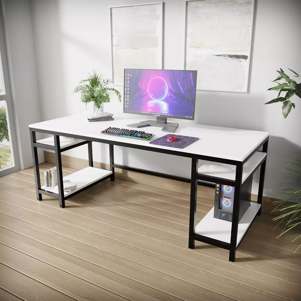 Riyan Luxiwood Edward Computer Table with Storage Shelves White Large 60 x 150 x 75 cm, RLST012LC