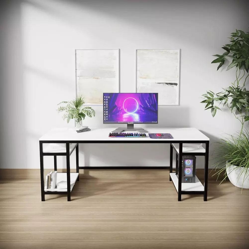 Riyan Luxiwood Edward Computer Table with Storage Shelves White Large 60 x 150 x 75 cm, RLST012LC