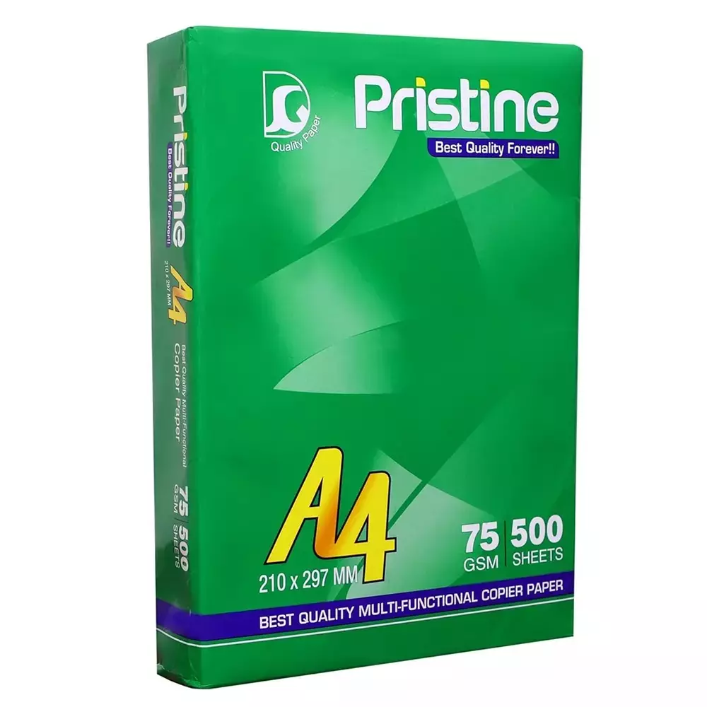 Pristine Copier Paper 75 GSM A4 Size 500 Sheets White (Pack of 10 Ream)