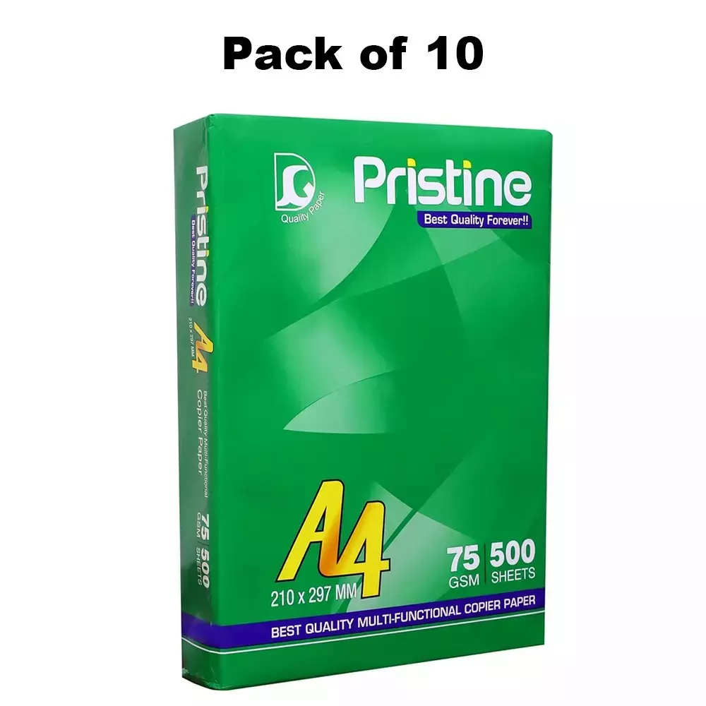 Pristine Copier Paper 75 GSM A4 Size 500 Sheets White (Pack of 10 Ream)