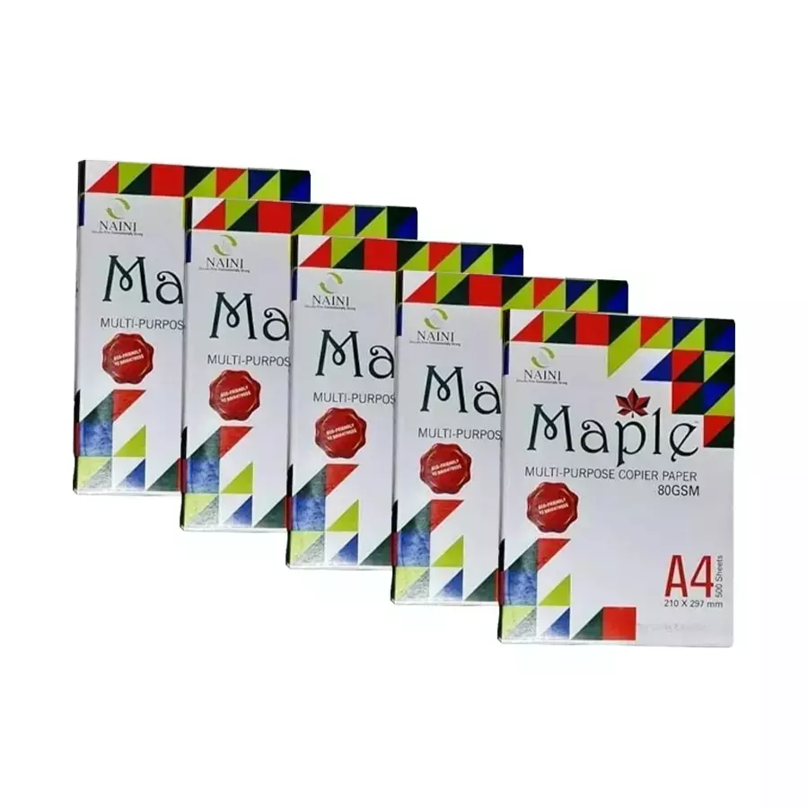 Naini Maple 80 GSM A4 Size Multipurpose Copier Paper 500 Sheets, White (Pack of 5 Ream)