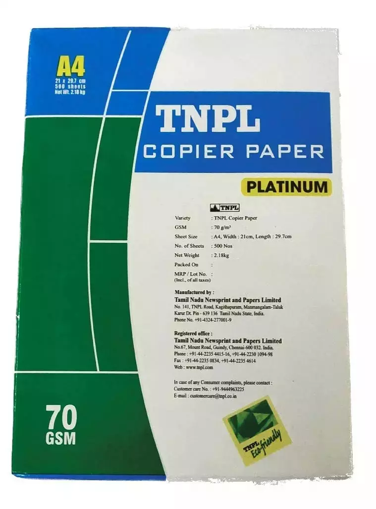 TNPL Platinum 70 GSM A4 Size Copier Paper 500 Sheets, White (Pack of 5 Ream)