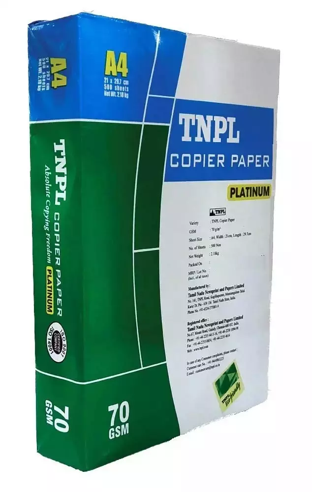 TNPL Platinum 70 GSM A4 Size Copier Paper 500 Sheets, White (Pack of 5 Ream)