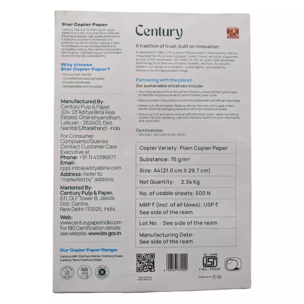 Century Star 75 GSM A4 Size Multipurpose Copier Paper 500 Sheets, White (Pack of 10 Ream)