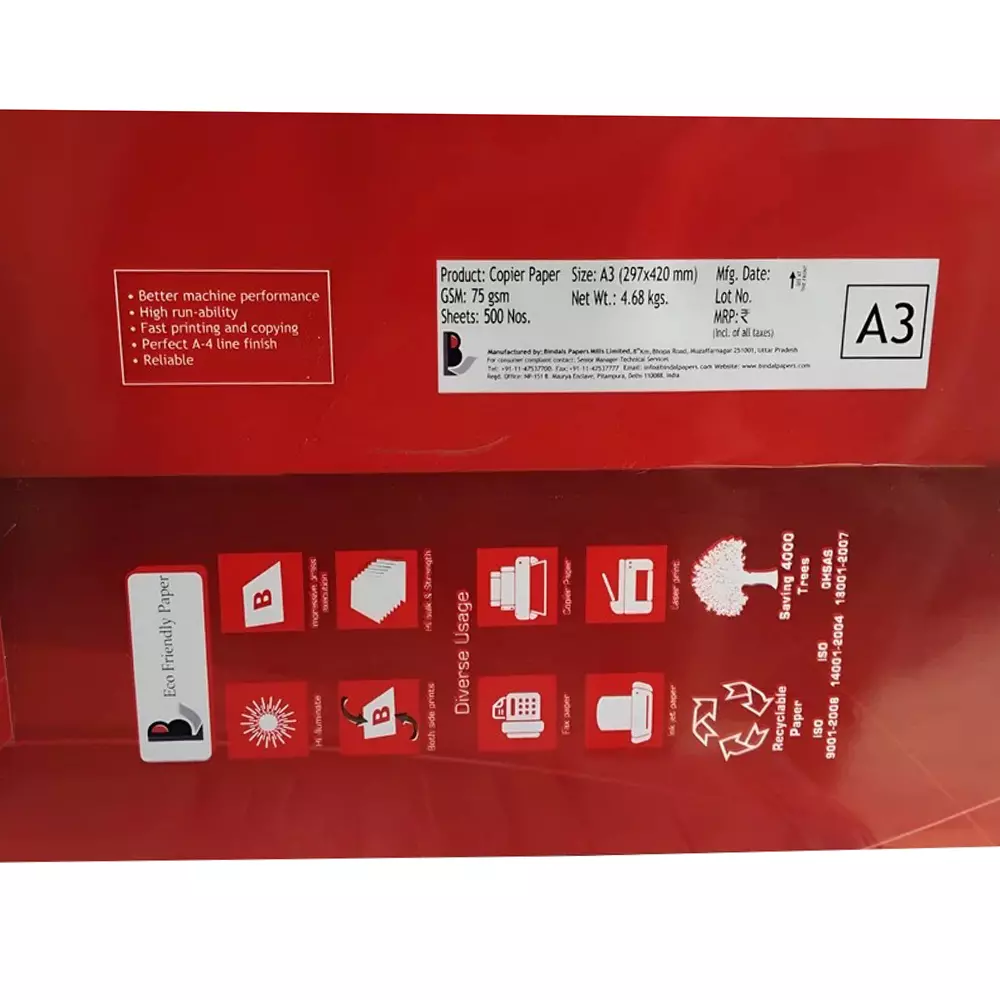 Bindal Copier Paper A3 Size 75 GSM 500 Sheets (Pack of 5)