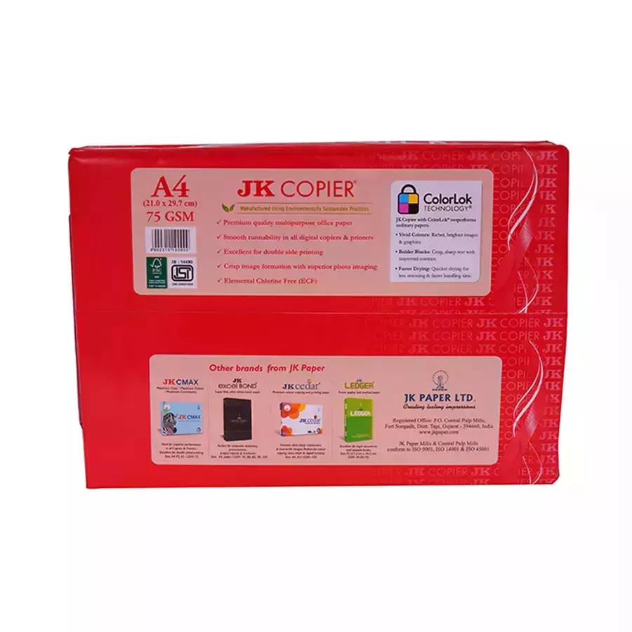 JK Copier 75 GSM A4 Size Multipurpose Paper 500 Sheets White (Pack of 5 Ream)