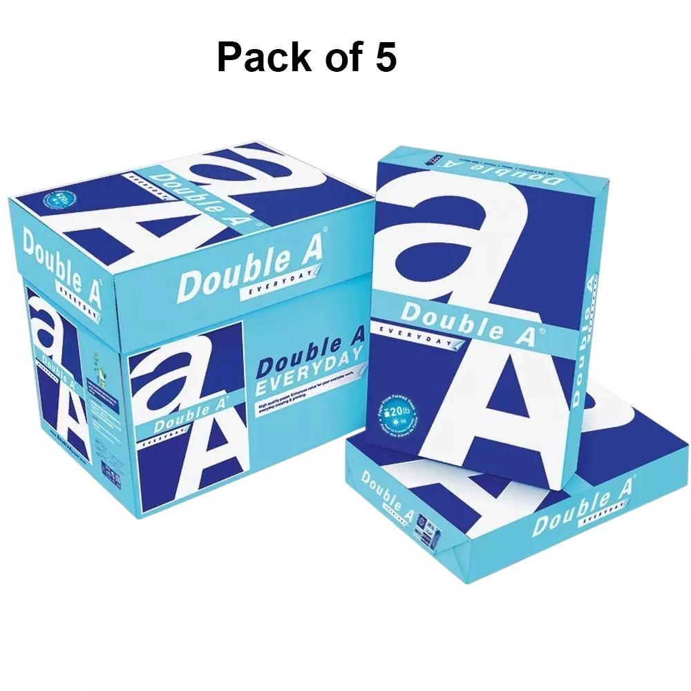 Double A 500 Sheets Per Ream Copier Paper 75 GSM White A4 Size (Pack of 5 Ream)