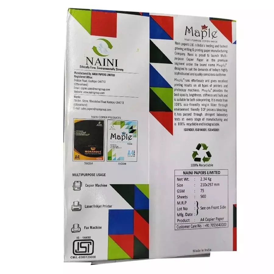 Naini Maple 75 GSM A4 Size Multipurpose Copier Paper 500 Sheets, White (Pack of 40 Ream)