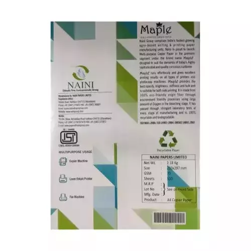 Naini Maple 70 GSM A4 Size Multipurpose Copier Paper 500 Sheets, White (Pack of 40 Ream)