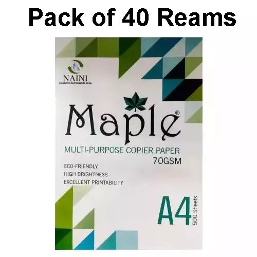 Naini Maple 70 GSM A4 Size Multipurpose Copier Paper 500 Sheets, White (Pack of 40 Ream)
