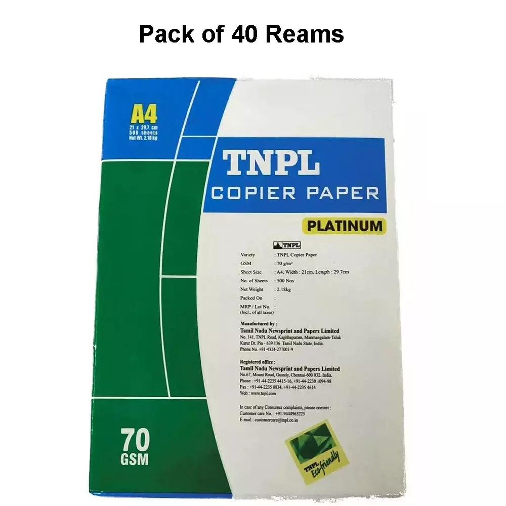 TNPL Platinum 70 GSM A4 Size Copier Paper 500 Sheets, White (Pack of 40 Ream)