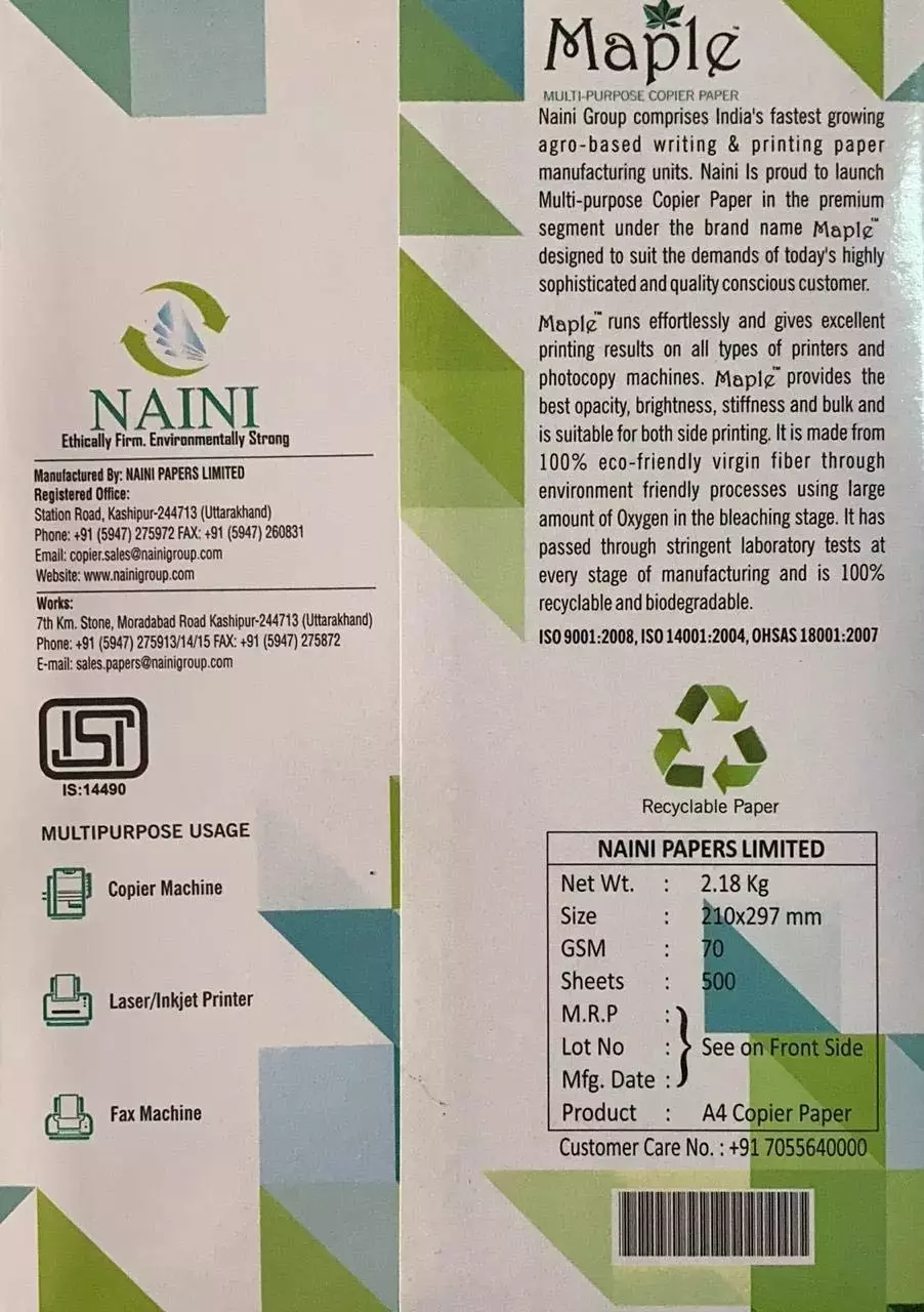 Naini Maple 70 GSM A4 Size Multipurpose Copier Paper 500 Sheets, White (Pack of 5 Ream)