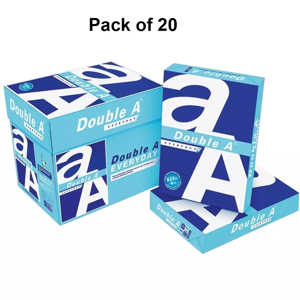 Double A 500 Sheets Per Ream Copier Paper 75 GSM White A4 Size (Pack of 20 Ream)