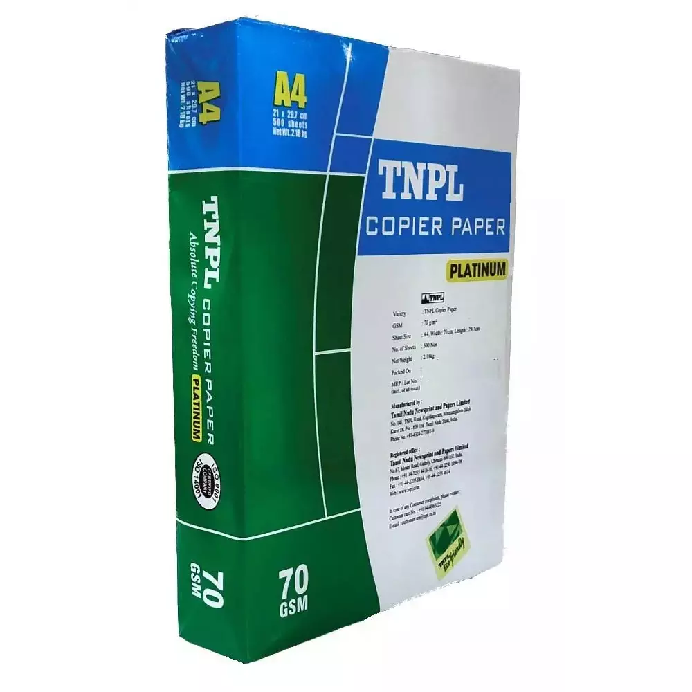 TNPL Platinum 70 GSM A4 Size Copier Paper 500 Sheets, White (Pack of 20 Ream)
