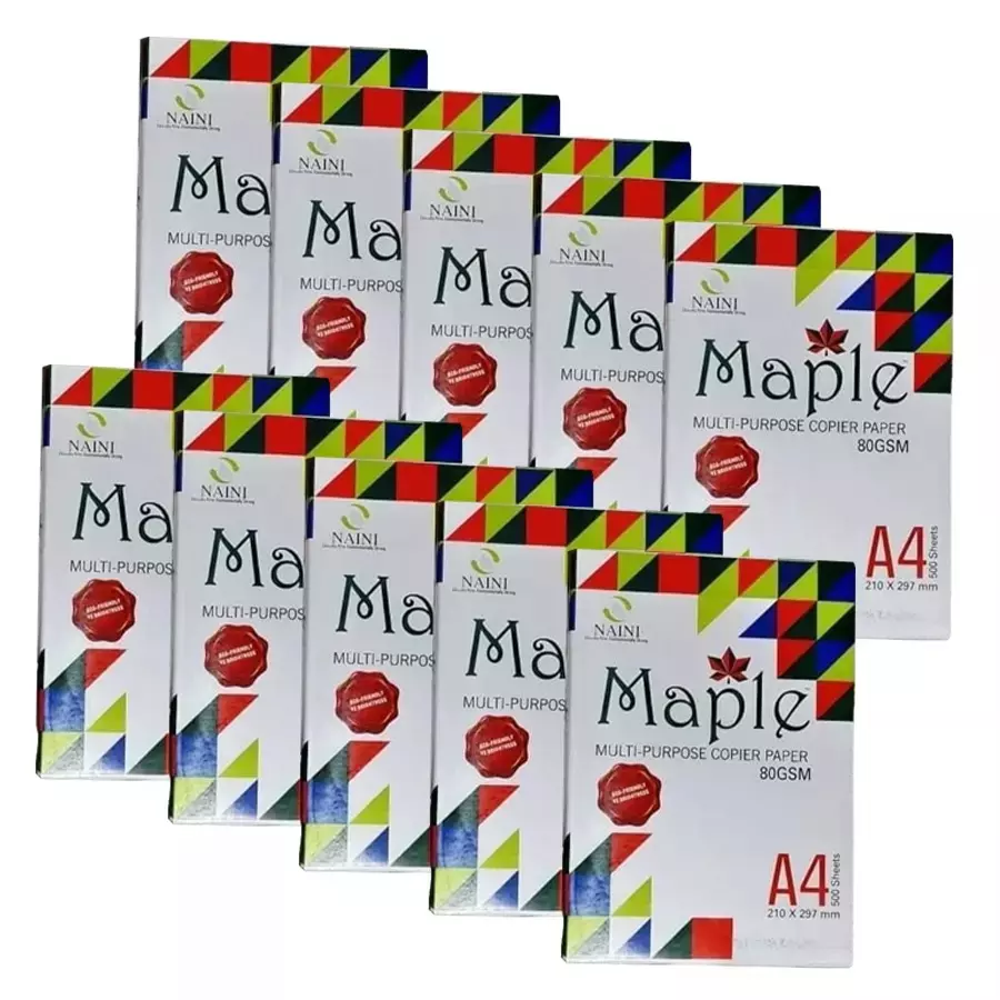 Naini Maple 80 GSM A4 Size Multipurpose Copier Paper 500 Sheets, White (Pack of 10 Ream)