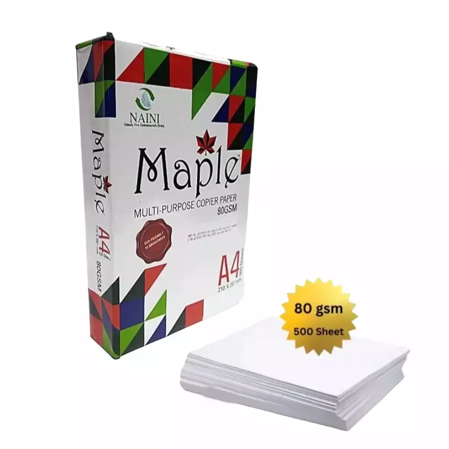 Naini Maple 80 GSM A4 Size Multipurpose Copier Paper 500 Sheets, White (Pack of 10 Ream)