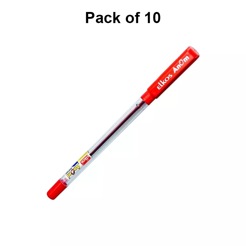 Elkos Anom Ball Pen Steel Nib Plastic Body Red Ink Color (Pack of 10 Pcs)