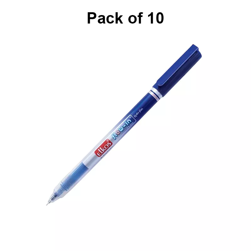 Elkos Flow In Ball Pen 0.5 mm Tip Size Blue Ink Color (Pack of 10 Pcs)