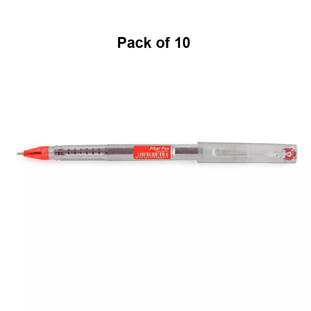 montex-fiber-pen-07-mm-tip-ball-pen-red-ink-clear-plastic-body-non-toxic-waterproof-ink-pack-of-10-pcs