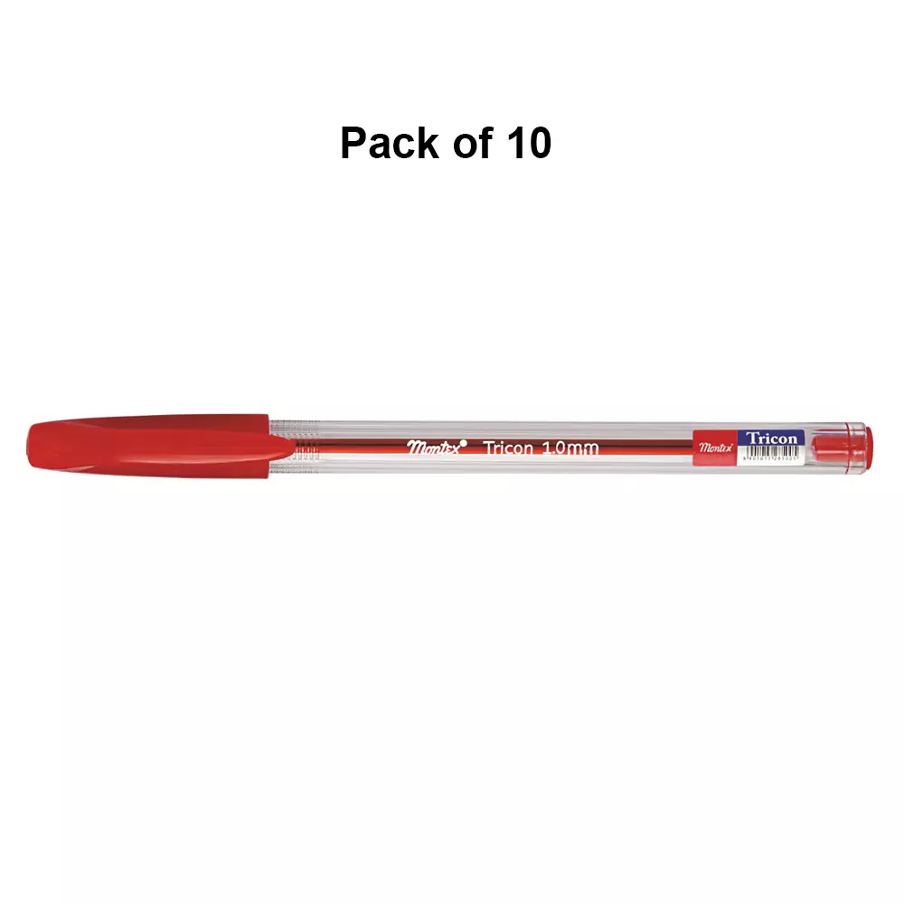 montex-tricon-1-mm-tip-ball-pen-red-ink-plastic-body-non-toxic-waterproof-ink-pack-of-10-pcs