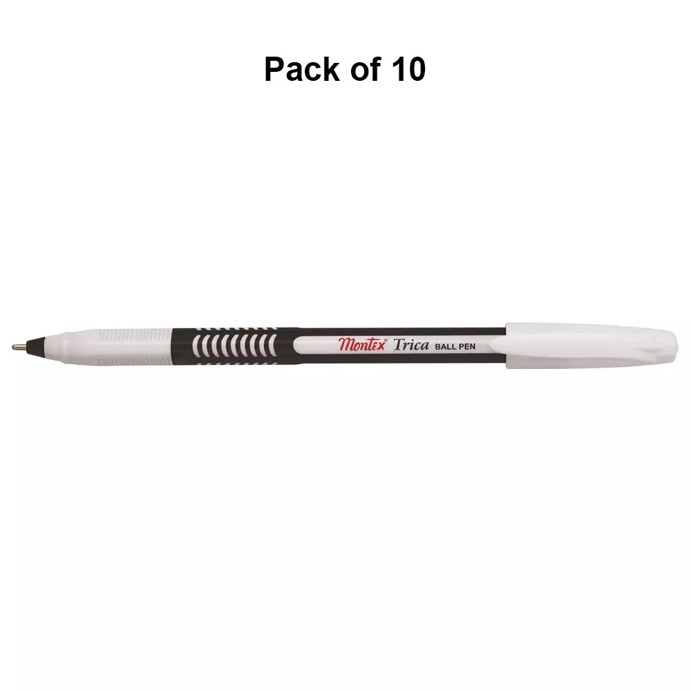 montex-trica-1-mm-tip-ball-pen-black-ink-plastic-body-non-toxic-waterproof-ink-pack-of-10-pcs