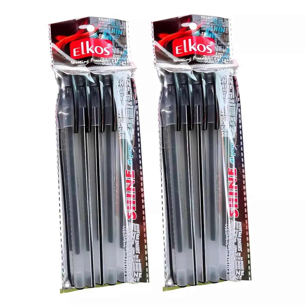 Elkos Shine Directfill Ball Pen Steel Nib Plastic Body Black Ink Color (Pack of 10 Pcs)